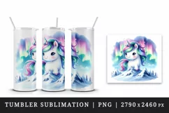 Watercolor cute unicorn shimmering northern lights snowy mountaintop print 20 oz tumbler skinny mug wrap clipart t-shirt sublimation printable design