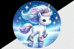 Watercolor cute unicorn skating on frozen lake under the stars winter print 20 oz tumbler skinny mug wrap clipart t-shirt sublimation printable design