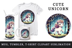 Watercolor cute unicorn sparkle mane twinkling fairy lights forest at night print 20 oz tumbler mug wrap clipart t-shirt sublimation printable design