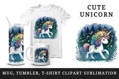 Watercolor cute unicorn sparkle mane twinkling fairy lights forest at night print tumbler skinny mug wrap clipart t-shirt sublimation printable design