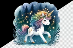 Watercolor cute unicorn sparkle mane twinkling fairy lights forest at night print tumbler skinny mug wrap clipart t-shirt sublimation printable design