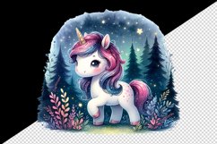 Watercolor cute unicorn sparkle mane twinkling fairy lights forest at night print tumbler skinny mug wrap clipart t-shirt sublimation printable design