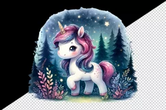 Watercolor cute unicorn sparkle mane twinkling fairy lights forest at night print tumbler skinny mug wrap clipart t-shirt sublimation printable design