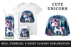 Watercolor cute unicorn sparkle mane twinkling fairy lights forest at night print tumbler skinny mug wrap clipart t-shirt sublimation printable design