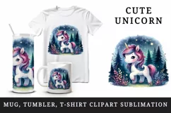 Watercolor cute unicorn sparkle mane twinkling fairy lights forest at night print tumbler skinny mug wrap clipart t-shirt sublimation printable design