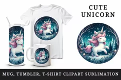 Watercolor cute unicorn sparkle mane twinkling fairy lights forest at night print tumbler skinny mug wrap clipart t-shirt sublimation printable design