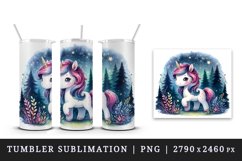Watercolor cute unicorn sparkle mane twinkling fairy lights forest at night print tumbler skinny mug wrap clipart t-shirt sublimation printable design