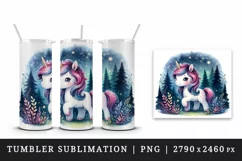 Watercolor cute unicorn sparkle mane twinkling fairy lights forest at night print tumbler skinny mug wrap clipart t-shirt sublimation printable design