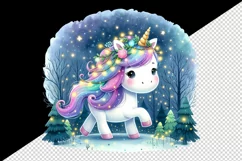 Watercolor cute unicorn sparkle mane twinkling lights forest at night print 20 oz tumbler skinny mug wrap clipart t-shirt sublimation printable design