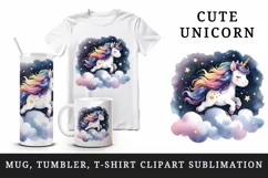Watercolor cute unicorn sparkle mane twinkling stars night sky print 20 oz tumbler skinny mug wrap clipart t-shirt sublimation printable design