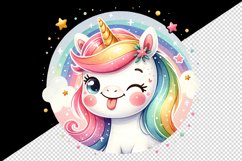 Watercolor cute unicorn sparkle rainbow mane winking sticking tongue out print tumbler skinny mug wrap clipart t-shirt sublimation printable design