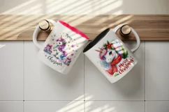 Watercolor cute unicorn sparkles Merry Christmas quote New Year winter print 20oz tumbler skinny mug wrap clipart t-shirt sublimation printable design