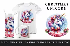 Watercolor cute unicorn sparkling horn Christmas Magical Moments quote print 20oz tumbler skinny mug wrap clipart t-shirt sublimation printable design