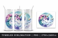 Watercolor cute unicorn sparkling jewel-toned mane shooting star print 20 oz tumbler skinny mug wrap clipart t-shirt sublimation printable design