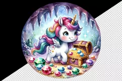 Watercolor cute unicorn sparkling jewels treasure hunting in cave print 20 oz tumbler skinny mug wrap clipart t-shirt sublimation printable design