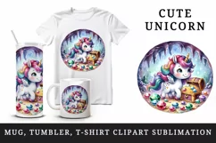 Watercolor cute unicorn sparkling jewels treasure hunting in cave print 20 oz tumbler skinny mug wrap clipart t-shirt sublimation printable design