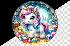 Watercolor cute unicorn sparkling mane jewels treasure hunting in cave print 20oz tumbler skinny mug wrap clipart t-shirt sublimation printable design