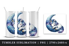 Watercolor cute unicorn starry night sky dozing on moon pillow print 20 oz tumbler skinny mug wrap clipart t-shirt sublimation printable design