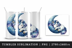 Watercolor cute unicorn starry night sky dozing on moon pillow print 20 oz tumbler skinny mug wrap clipart t-shirt sublimation printable design