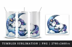 Watercolor cute unicorn starry night sky dozing on moon pillow print 20 oz tumbler skinny mug wrap clipart t-shirt sublimation printable design