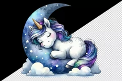 Watercolor cute unicorn starry night sky dozing on moon pillow print 20 oz tumbler skinny mug wrap clipart t-shirt sublimation printable design