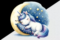 Watercolor cute unicorn starry night sky dozing on moon pillow print 20 oz tumbler skinny mug wrap clipart t-shirt sublimation printable design