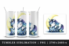 Watercolor cute unicorn starry night sky dozing on moon pillow print 20 oz tumbler skinny mug wrap clipart t-shirt sublimation printable design