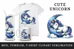 Watercolor cute unicorn starry night sky dozing on moon pillow print 20 oz tumbler skinny mug wrap clipart t-shirt sublimation printable design