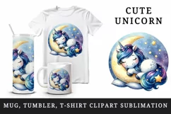Watercolor cute unicorn starry night sky dozing on moon pillow print 20 oz tumbler skinny mug wrap clipart t-shirt sublimation printable design