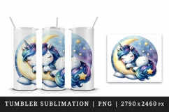 Watercolor cute unicorn starry night sky dozing on moon pillow print 20 oz tumbler skinny mug wrap clipart t-shirt sublimation printable design