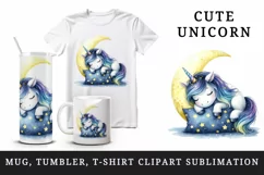 Watercolor cute unicorn starry night sky dozing on moon pillow print 20 oz tumbler skinny mug wrap clipart t-shirt sublimation printable design