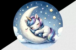 Watercolor cute unicorn starry night sky dozing on moon pillow print 20 oz tumbler skinny mug wrap clipart t-shirt sublimation printable design