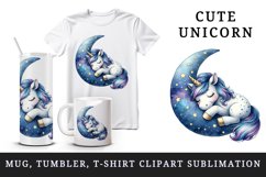 Watercolor cute unicorn starry night sky dozing on moon pillow print 20 oz tumbler skinny mug wrap clipart t-shirt sublimation printable design