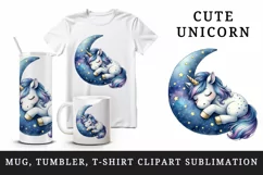 Watercolor cute unicorn starry night sky dozing on moon pillow print 20 oz tumbler skinny mug wrap clipart t-shirt sublimation printable design