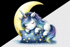 Watercolor cute unicorn starry night sky dozing on moon pillow print 20 oz tumbler skinny mug wrap clipart t-shirt sublimation printable design