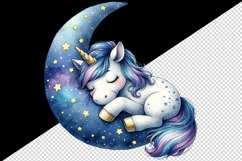 Watercolor cute unicorn starry night sky dozing on moon pillow print 20 oz tumbler skinny mug wrap clipart t-shirt sublimation printable design