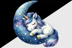 Watercolor cute unicorn starry night sky dozing on moon pillow print 20 oz tumbler skinny mug wrap clipart t-shirt sublimation printable design