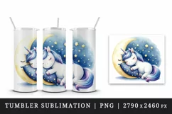 Watercolor cute unicorn starry night sky dozing on moon pillow print 20 oz tumbler skinny mug wrap clipart t-shirt sublimation printable design