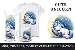 Watercolor cute unicorn starry night sky dozing on moon pillow print 20 oz tumbler skinny mug wrap clipart t-shirt sublimation printable design