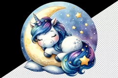 Watercolor cute unicorn starry night sky dozing on moon pillow print 20 oz tumbler skinny mug wrap clipart t-shirt sublimation printable design