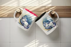 Watercolor cute unicorn starry night sky dozing on moon pillow print 20 oz tumbler skinny mug wrap clipart t-shirt sublimation printable design