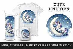 Watercolor cute unicorn starry night sky dozing on moon pillow print 20 oz tumbler skinny mug wrap clipart t-shirt sublimation printable design