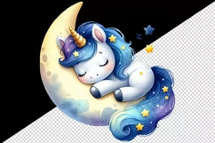 Watercolor cute unicorn starry night sky dozing on moon-shaped pillow print 20 oz tumbler skinny mug wrap clipart t-shirt sublimation printable design