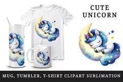 Watercolor cute unicorn starry night sky dozing on moon-shaped pillow print 20 oz tumbler skinny mug wrap clipart t-shirt sublimation printable design