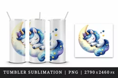 Watercolor cute unicorn starry night sky dozing on moon-shaped pillow print 20 oz tumbler skinny mug wrap clipart t-shirt sublimation printable design