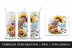Watercolor cute unicorn sunflowers basking in summer sun flowers print 20 oz tumbler skinny mug wrap clipart t-shirt sublimation printable design