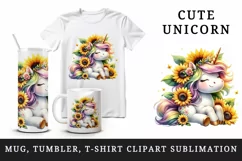 Watercolor cute unicorn sunflowers basking in summer sun flowers print 20 oz tumbler skinny mug wrap clipart t-shirt sublimation printable design