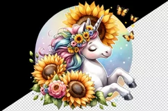 Watercolor cute unicorn sunflowers basking in summer sun flowers print 20 oz tumbler skinny mug wrap clipart t-shirt sublimation printable design