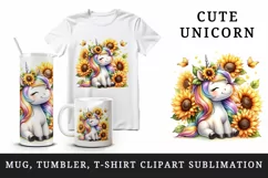 Watercolor cute unicorn sunflowers basking in summer sun flowers print 20 oz tumbler skinny mug wrap clipart t-shirt sublimation printable design