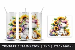 Watercolor cute unicorn sunflowers basking in summer sun flowers print 20 oz tumbler skinny mug wrap clipart t-shirt sublimation printable design